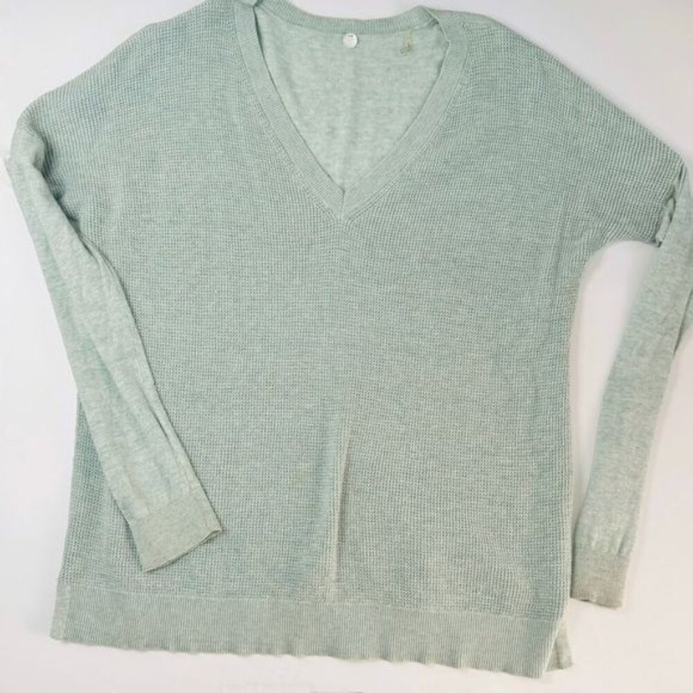 Margaret O'Leary Soft Green Waffle knit V Neck Size Large